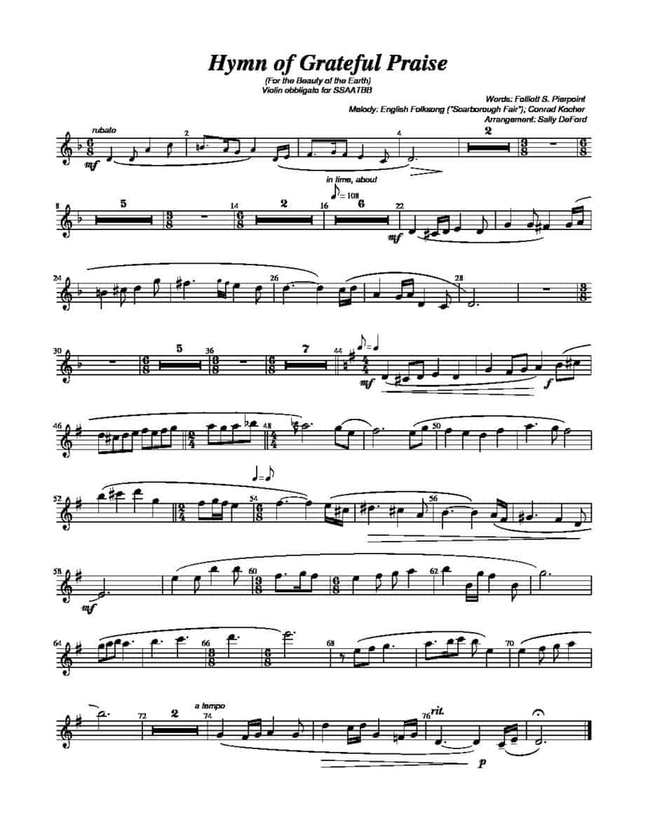 SSAATBB: Hymn of Grateful Praise – Violin obbligato | Sally DeFord Music