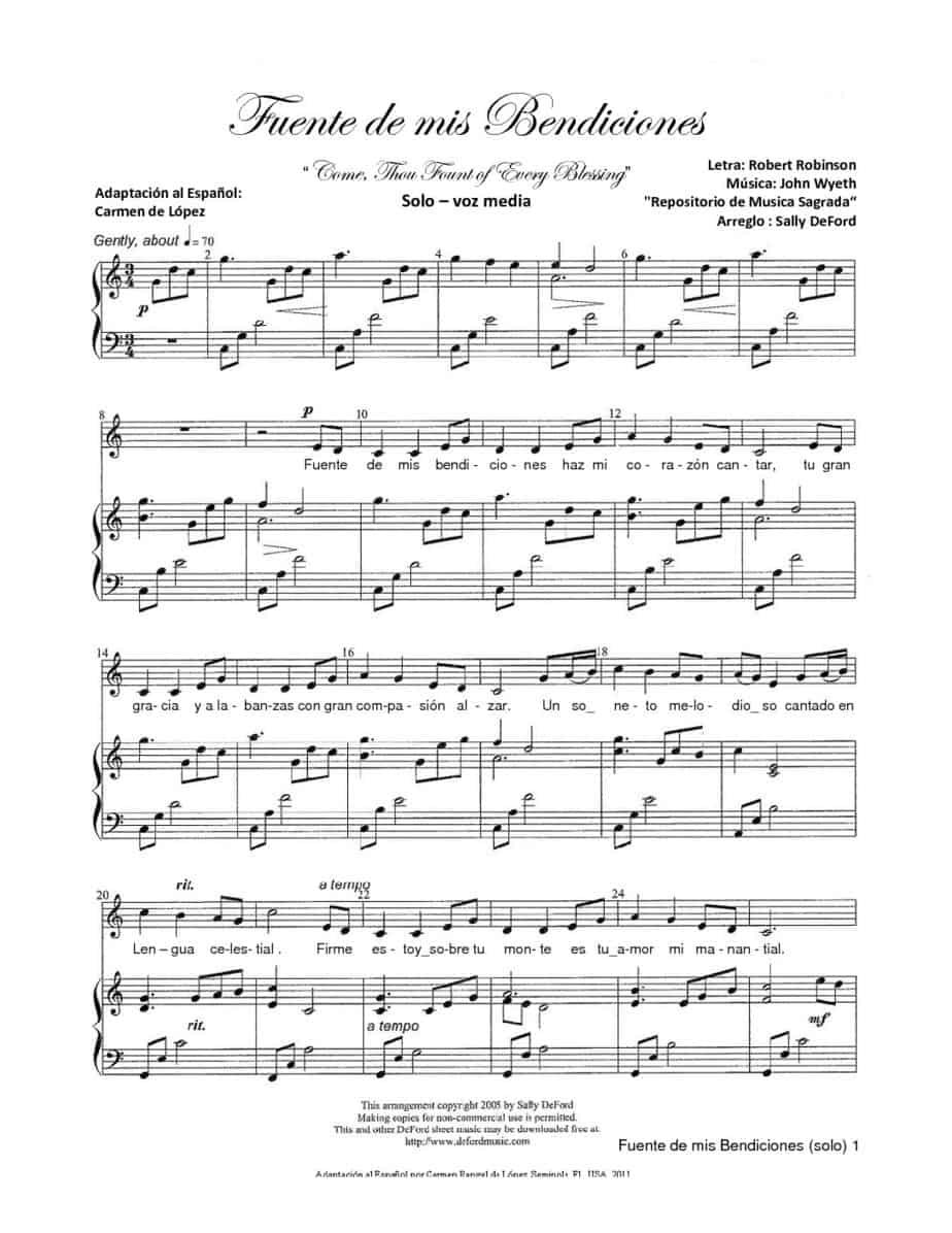 Translation Come Thou Fount of Every Blessing (Solo) Spanish Sally