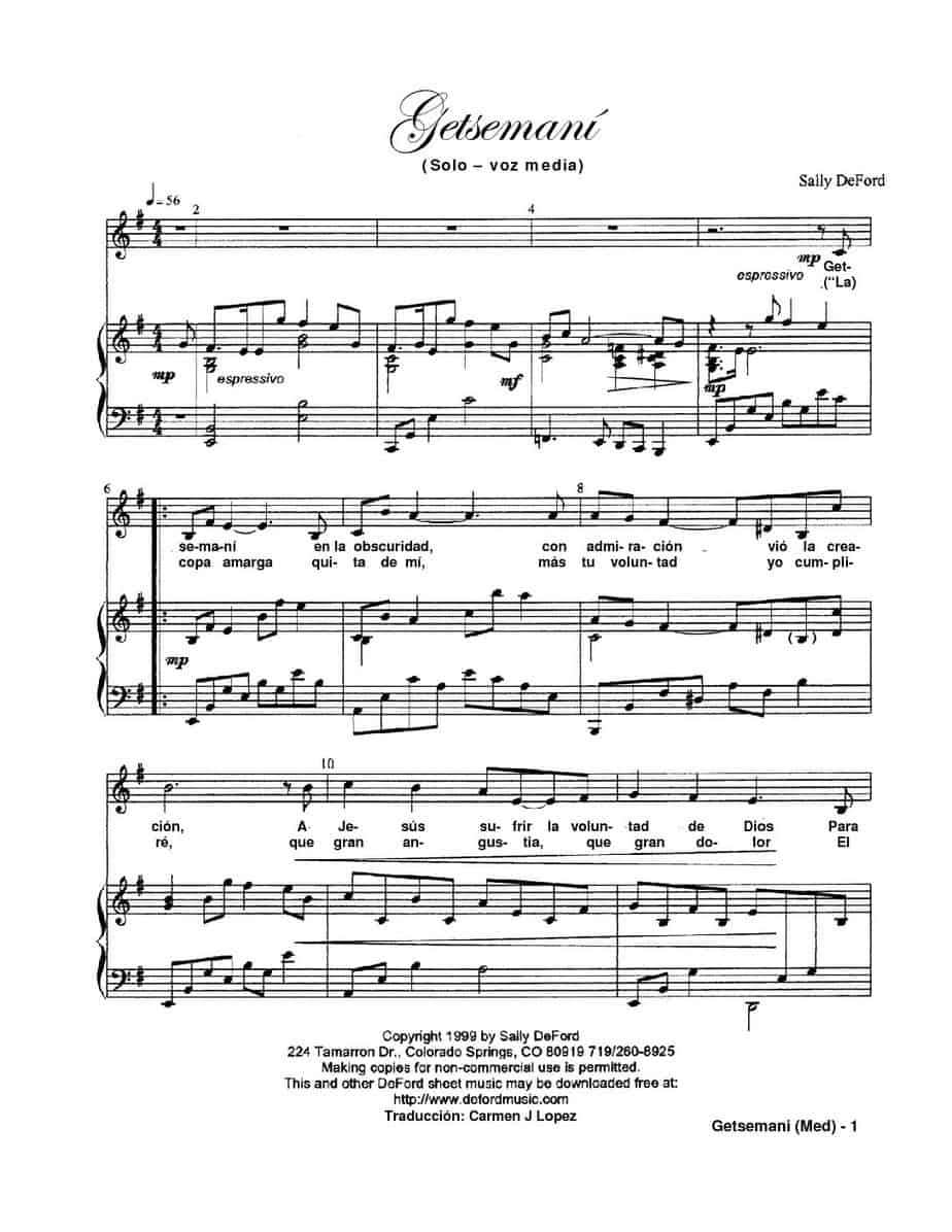 Translation Gethsemane Spanish Sally DeFord Music